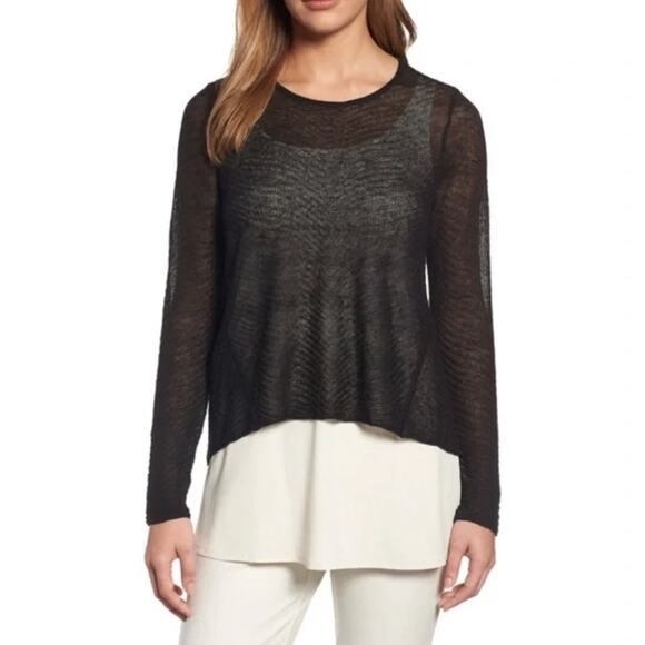 Eileen Fisher Black Hemp Sheer Knit High Low Pullover Sweater Top Size M - Picture 1 of 10